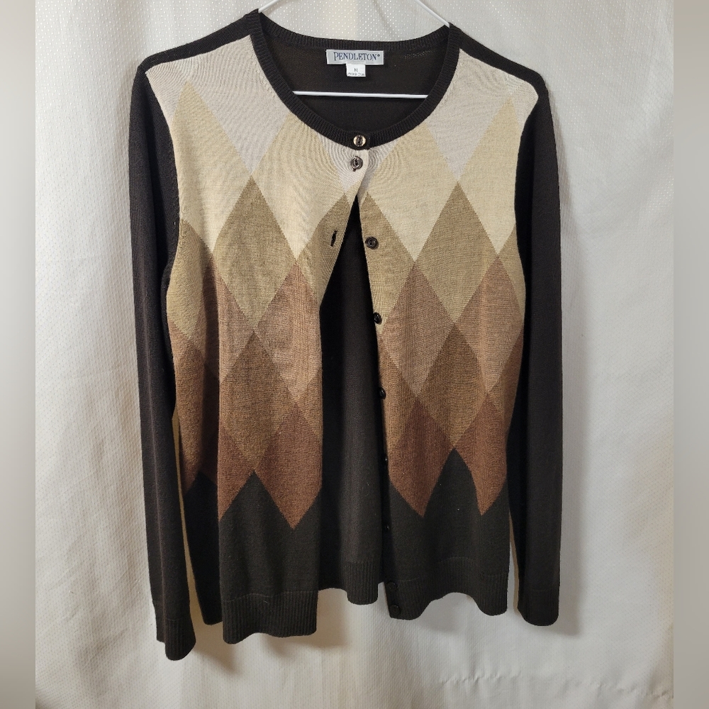 Pendleton Merino Wool Brown Argyle Pattern Cardig… - image 1